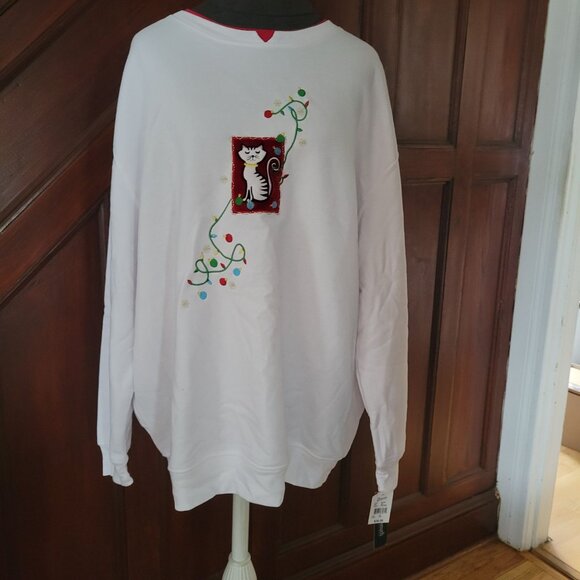 Ladies Holiday Sweatshirt With Cat Embroidery & Festive Design 2X - Picture 1 of 5